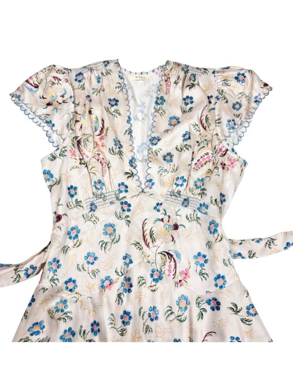 DOEN Dianne Silk Floral Babydoll Dress Sz M Cream Flirty Coquette Mini - Picture 9 of 16